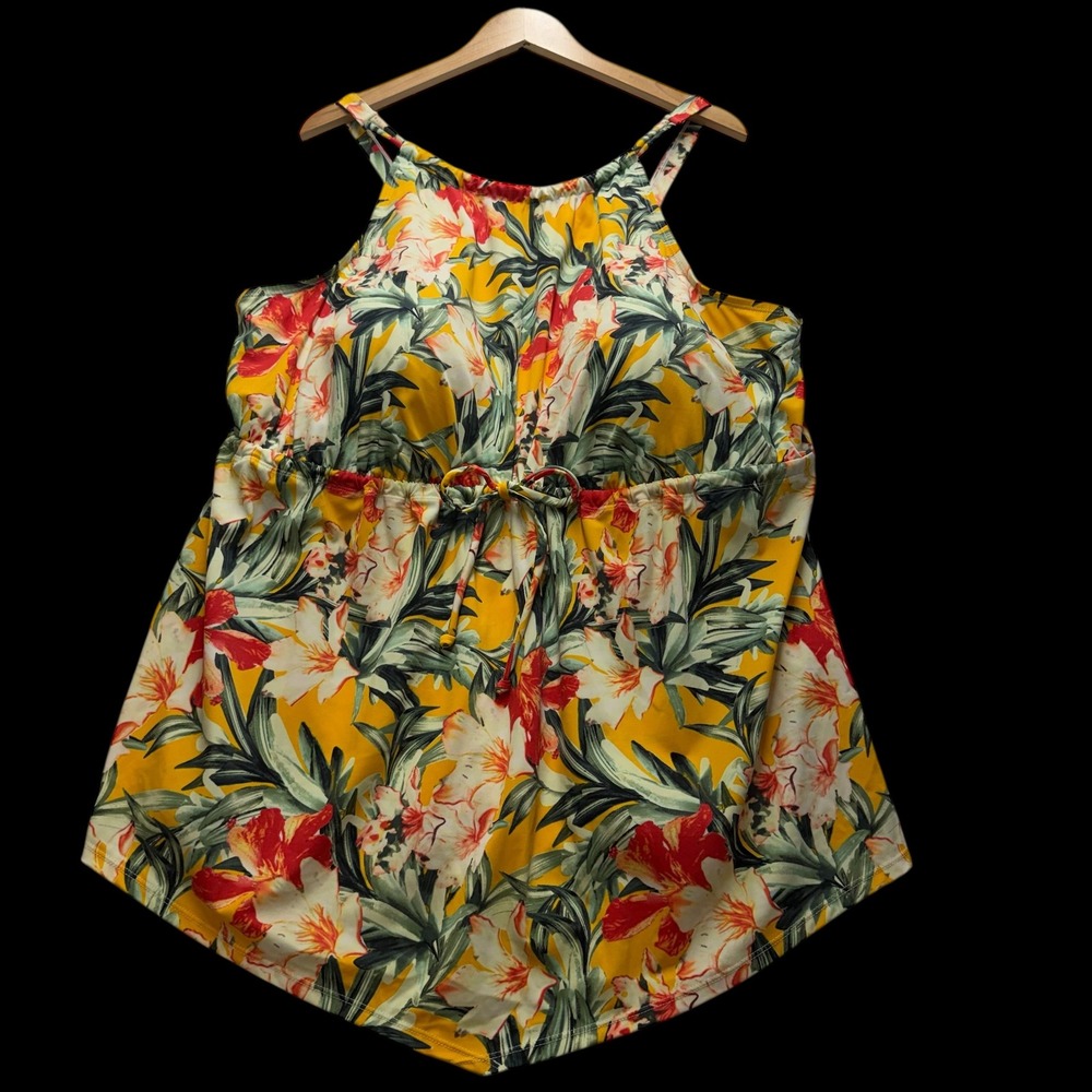 Catherines Womens 5X Tropical Floral Tankini Swim‎ Top Yellow High Neck 32W #304